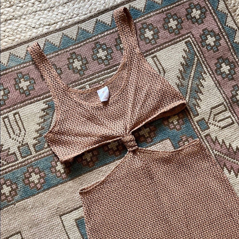Knit Swim Cover Up in Warm Camel with Knot Detail - size M